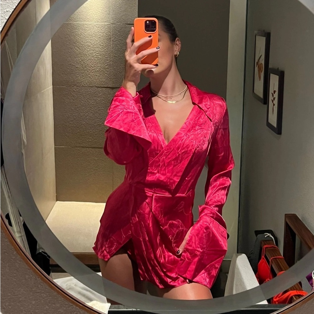Rat & Boa Paloma Pink Fuschia Mini Long Sleeve Dress Large Collared Satin